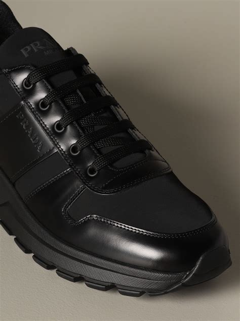 men's black leather prada sport round-toe sneakers|Black Leather Sneakers .